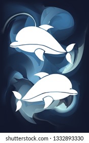 Blue Abstract Painting with Dolphin Animal Icon or Silhouette. Vector Illustration for Graphic Design, Poster and Animal Lovers. 