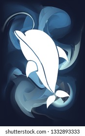 Blue Abstract Painting with Dolphin Animal Icon or Silhouette. Vector Illustration for Graphic Design, Poster and Animal Lovers. 