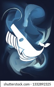 Blue Abstract Painting with Whale Animal Icon or Silhouette. Vector Illustration for Graphic Design, Poster and Animal Lovers. 