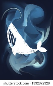 Blue Abstract Painting with Whale Animal Icon or Silhouette. Vector Illustration for Graphic Design, Poster and Animal Lovers. 