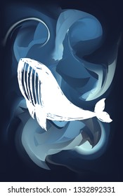 Blue Abstract Painting with Whale Animal Icon or Silhouette. Vector Illustration for Graphic Design, Poster and Animal Lovers. 