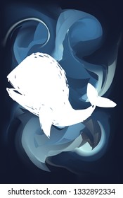 Blue Abstract Painting with Whale Animal Icon or Silhouette. Vector Illustration for Graphic Design, Poster and Animal Lovers. 