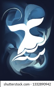 Blue Abstract Painting with Whale Tail Icon or Silhouette. Vector Illustration for Graphic Design, Poster and Animal Lovers. 
