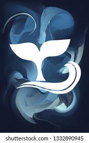 Blue Abstract Painting with Whale Tail Icon or Silhouette. Vector Illustration for Graphic Design, Poster and Animal Lovers. 