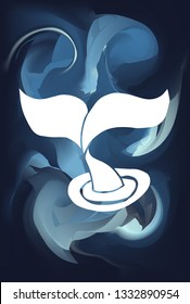 Blue Abstract Painting with Whale Tail Icon or Silhouette. Vector Illustration for Graphic Design, Poster and Animal Lovers. 