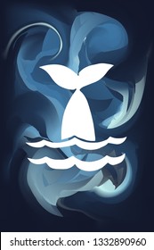 Blue Abstract Painting with Whale Tail Icon or Silhouette. Vector Illustration for Graphic Design, Poster and Animal Lovers. 