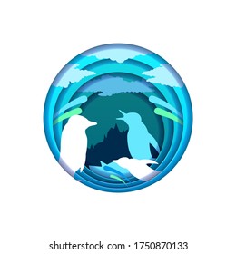 Blue Abstract Paper Cut Design Elements Vector Background Penguin Fauna