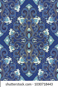 Blue abstract pattern. Oriental filigree ornament. Colorful template for textile, shawl, carpet. 