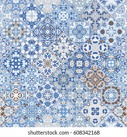 Blue abstract patterns in the mosaic set. Square scraps in oriental style. Vector illustration. Ideal for printing on fabric or paper.