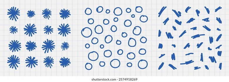 Blue abstract patterns: stars, circles, lines. Repeated blue stars, blue circles, blue lines on grid.  Doodle illustrations, vector set.