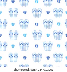Blue Abstract Plaid Flip Flop Vector Doodles in White Color Background Seamless Pattern