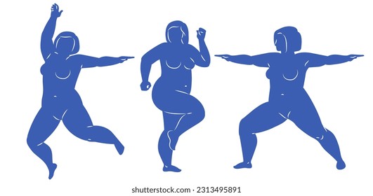 Blue abstract plus size happy woman jumping. Overweight woman training. Fitness, sport, weight loss, happiness, yoga freedom, motion and lifestyle concept. Silhouette vector