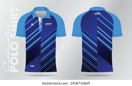 blue abstract polo shirt mockup template design for soccer jersey, football kit, sportswear. Sport uniform in front view, back view. T-shirt mockup with fabric pattern.
