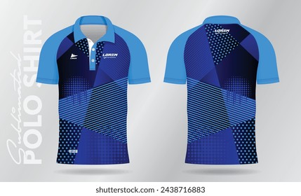blue abstract polo shirt mockup template design for soccer jersey, football kit, sportswear. Sport uniform in front view, back view. T-shirt mockup with fabric pattern.