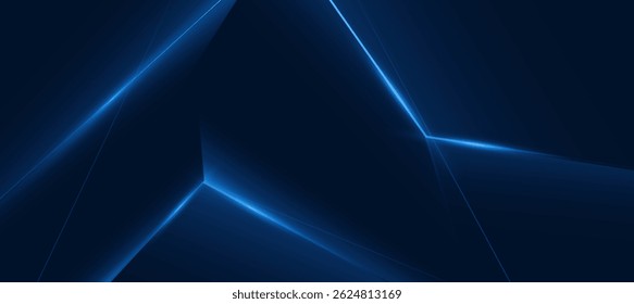 Blue abstract polygon with glowing diagonal stripe lines on dark blue background