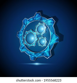 Blue abstract polygonal 3d Gears on innovation technology background. Polygons connecting dots and lines. Low poly wireframe digital vector. 