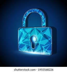 Reloj de poligonal azul abstracto bloqueado sobre el fondo de la tecnología de la innovación. Polígonos que conectan puntos y líneas. Vector digital de trama de polos bajos
