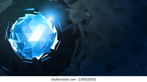 Blue abstract polygonal triangle sphere shape combination on dark polygonal graphic template background for technology conceptual