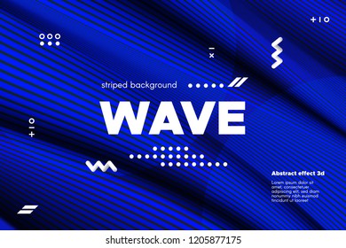 Blue Abstract Poster with Distorted Lines. Striped Background with Movement. 3d Linear Banner with Ripple Effect. Vector Wave Template for Brochure, Business, Flyer. Flowing Metallic Lines Concept.