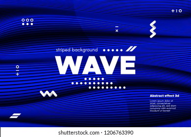 Blue Abstract Poster with Distorted Lines. Striped Background with Movement. 3d Linear Banner with Ripple Effect. Vector Wave Template for Brochure, Business, Flyer. Flowing Metallic Lines Concept.