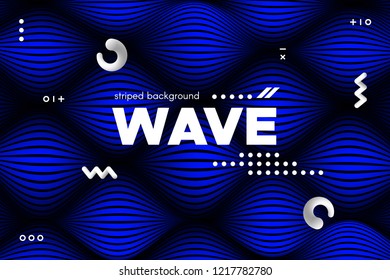 Blue Abstract Poster with Distorted Lines. Striped Background with Movement. 3d Linear Banner with Ripple Effect. Vector Wave Template for Brochure, Business, Flyer. Flowing Metallic Lines Concept.