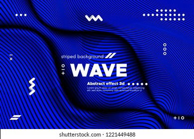 Blue Abstract Poster with Distorted Lines. Striped Background with Movement. 3d Linear Banner with Ripple Effect. Vector Wave Template for Brochure, Business, Flyer. Flowing Metallic Lines Concept.