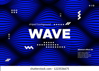 Blue Abstract Poster with Distorted Lines. Striped Background with Movement. 3d Linear Banner with Ripple Effect. Vector Wave Template for Brochure, Business, Flyer. Flowing Metallic Lines Concept.