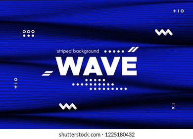 Blue Abstract Poster with Distorted Lines. Striped Background with Movement. 3d Linear Banner with Ripple Effect. Vector Wave Template for Brochure, Business, Flyer. Flowing Metallic Lines Concept.