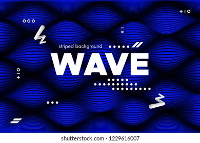 Blue Abstract Poster with Distorted Lines. Striped Background with Movement. 3d Linear Banner with Ripple Effect. Vector Wave Template for Brochure, Business, Flyer. Flowing Metallic Lines Concept.
