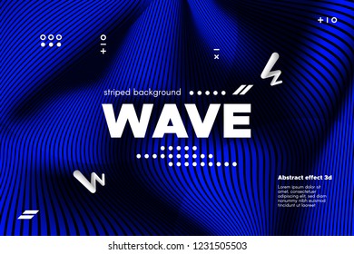 Blue Abstract Poster with Distorted Lines. Striped Background with Movement. 3d Linear Banner with Ripple Effect. Vector Wave Template for Brochure, Business, Flyer. Flowing Metallic Lines Concept.