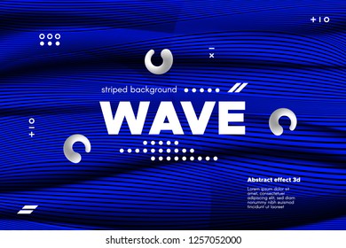 Blue Abstract Poster with Distorted Lines. Striped Background with Movement. 3d Linear Banner with Ripple Effect. Vector Wave Template for Brochure, Business, Flyer. Flowing Metallic Lines Concept.
