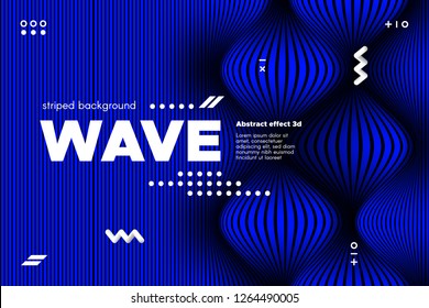 Blue Abstract Poster with Distorted Lines. Striped Background with Movement. 3d Linear Banner with Ripple Effect. Vector Wave Template for Brochure, Business, Flyer. Flowing Metallic Lines Concept.