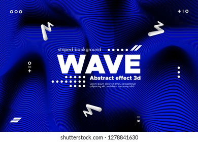Blue Abstract Poster with Distorted Lines. Striped Background with Movement. 3d Linear Banner with Ripple Effect. Vector Wave Template for Brochure, Business, Flyer. Flowing Metallic Lines Concept.
