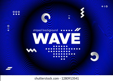Blue Abstract Poster with Distorted Lines. Striped Background with Movement. 3d Linear Banner with Ripple Effect. Vector Wave Template for Brochure, Business, Flyer. Flowing Metallic Lines Concept.