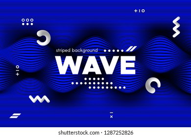 Blue Abstract Poster with Distorted Lines. Striped Background with Movement. 3d Linear Banner with Ripple Effect. Vector Wave Template for Brochure, Business, Flyer. Flowing Metallic Lines Concept.