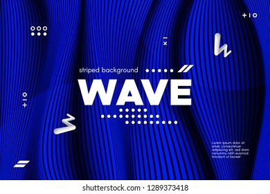 Blue Abstract Poster with Distorted Lines. Striped Background with Movement. 3d Linear Banner with Ripple Effect. Vector Wave Template for Brochure, Business, Flyer. Flowing Metallic Lines Concept.