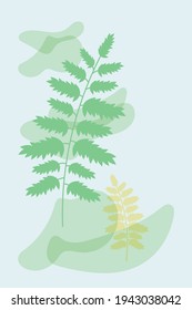 Blue abstract poster with simple shapes and floral elements, branches and leaves. Blue minimalist interior wall poster. Minimalist banner in blue, green, yellow colors. Trendy vector natural design.