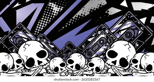 Blue abstract racing background with music cassette and skull object, vector, eps 10, editable.