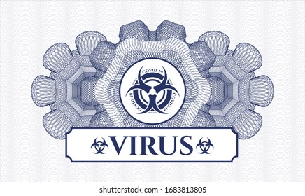 Blue abstract rosette with biohazard covid-19 icon and Virus text inside