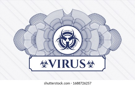 Blaues abstraktes Rosett mit Biogefährdung covid-19 Symbol und Virustext im Inneren