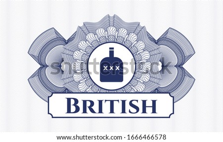Blue abstract rosette with bottle of alcohol icon and British text inside