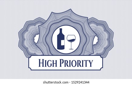 Blue abstract rosette with bottle and glass of wine icon and High Priority text inside