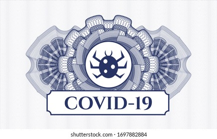 Blue abstract rosette with bug icon and COVID-19 text inside
