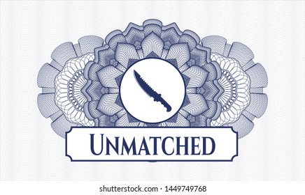 Blue abstract rosette with combat knife icon and Unmatched text inside