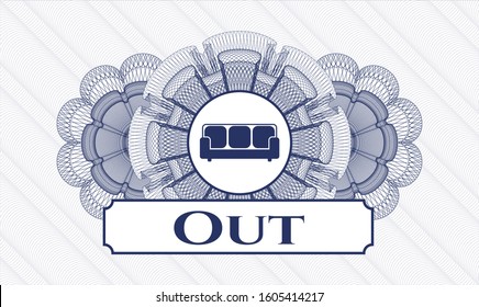 Blue abstract rosette with couch icon and Out text inside