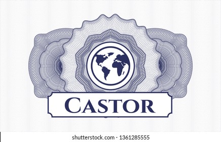 Blue abstract rosette with earth icon and Castor text inside