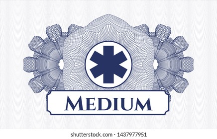 Blue abstract rosette with emergency cross icon and Medium text inside
