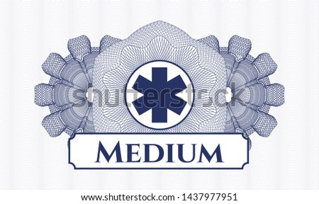 Blue abstract rosette with emergency cross icon and Medium text inside