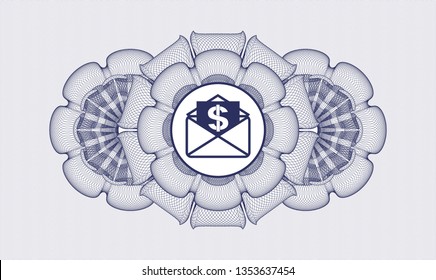 Blue abstract rosette with envelope with paper with money symbol inside icon inside