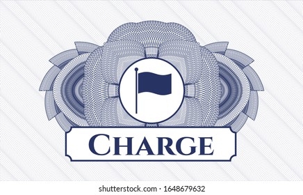 Blue abstract rosette with flag icon and Charge text inside